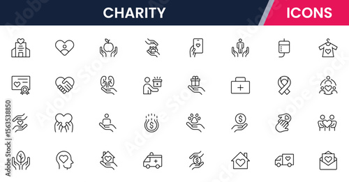 Charity Line Icons set. Contains icons related to charity, caring for the elderly, helping homeless animals, donation, and more. Vector illustration