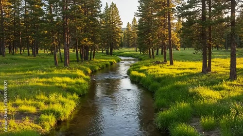 Creek flowing through meadow and forest at sunset