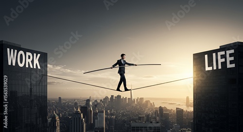 Balancing Act: A businessman walks a tightrope between demanding work and personal life, symbolizing the challenges of modern life.