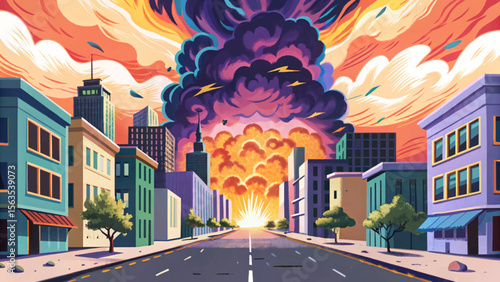 massive firestorm consumes a deserted city street, with towering flames, shattered windows, and swirling ash creating an apocalyptic scene of urban devastation and chaos