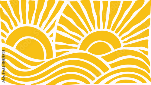 Illustration of two suns partially obscured by waves in a yellow and white color scheme design