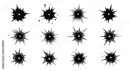 Black Silhouette Bullet Hole & Impact Vector Set - Comic Book Effect, Crack, Shatter, Target, Shot, Damage, Destruction, Explosion Design Elements