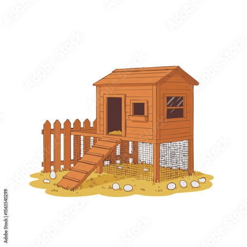Wooden Backyard Chicken Coop with Ramp and Eggs, Flat Vector