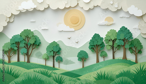 A whimsical paper landscape showcases rolling green hills, trees, and a sun under fluffy clouds, evoking a sense of serenity and charm.