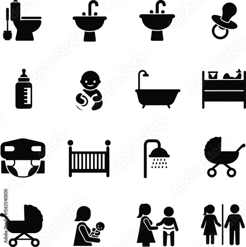 Comprehensive Baby Care and Bathroom Vector Icons Set: Black Silhouettes Including Toilet, Sink, Bathtub, Shower, Changing Station, Crib, Stroller, Feeding Bottle, Pacifier, and Parent Figures.