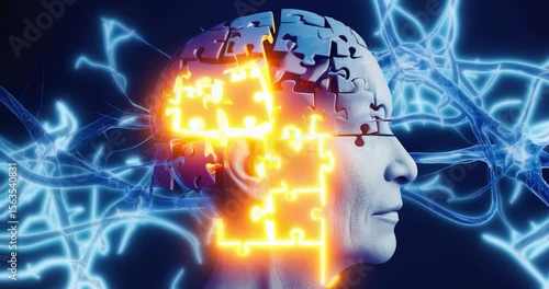 Wallpaper Mural A 3D illustration of a human head with a fractured brain, highlighted by glowing puzzle pieces, surrounded by nerve structures Torontodigital.ca
