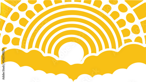 Stylized yellow sun rising above clouds with radiating lines and circular elements design art work