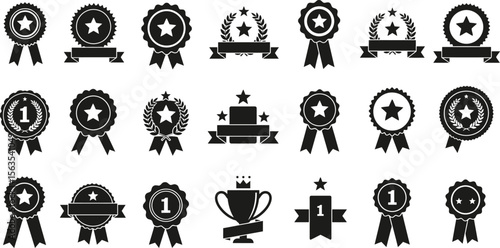Extensive Award, Medal, and Trophy Vector Silhouettes Set: Black Icons of Ribbons, Badges, Stars, Number One, Wreaths, and Champion Cups for Achievement, Success, and Recognition Graphics.