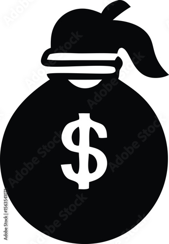Simple black silhouette of a money bag with a prominent white dollar sign