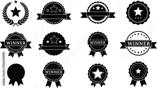 Winner and Achievement Vector Medal Silhouette Set: Collection of Black Icons Featuring Star Badges, Laurel Wreaths, and Ribbons for Success, Quality, and Competition Recognition Graphics.