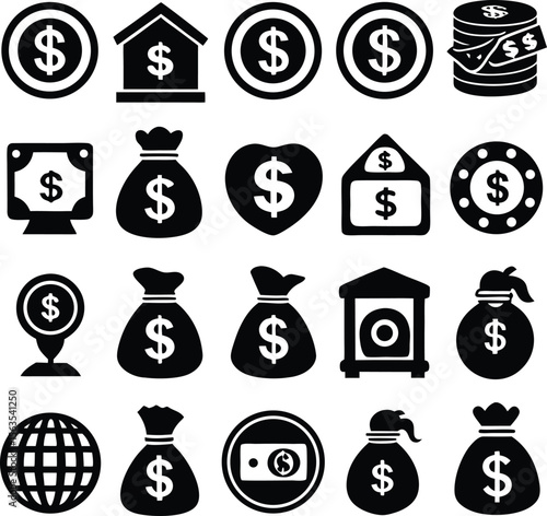 Collection of diverse black and white financial icons representing money savings banking and wealth in various stylized forms