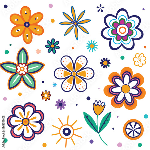 Vibrant floral pattern with various colorful flowers and decorative elements