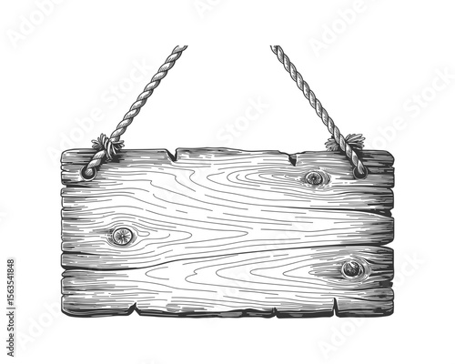 A blank wooden sign hanging from a rope  vector illustration