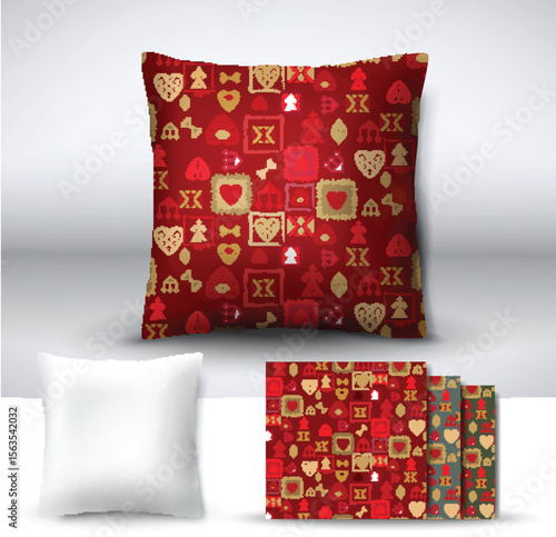Set of realistic 3d throw pillows with seamless pattern samples. Apartment interior design element. Cushion isolated on a gray background.