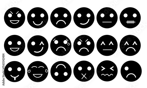 Black Round Vector Emoji Icon Set – Emotions and Reactions Pack