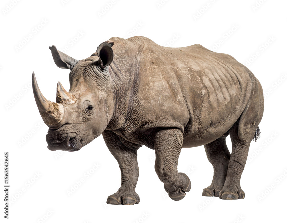 A powerful rhinoceros mid-step walking toward the camera, isolated A powerful rhinoceros mid-step walking toward the camera, isolated