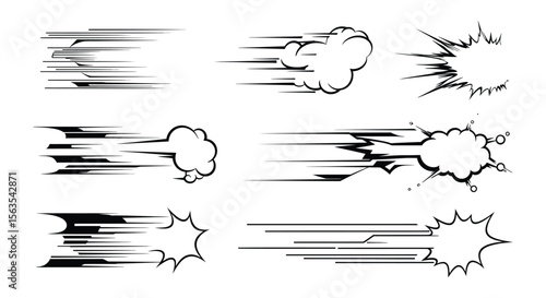 Dynamic Black Speed Lines & Comic Effect Vector Set - Motion Blur, Fast Movement, Burst, Zoom, Cartoon, Pop Art, Impact Design Elements