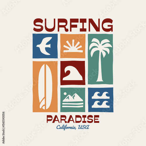 Vector graphic with waves, sun, surfboard, sun, and palm tree in retro colorway. Perfect for t-shirt print, posters, and stickers.	