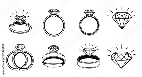 Elegant Outline Diamond Ring & Gemstone Icon Vector Set - Jewelry, Engagement, Wedding, Luxury, Sparkle, Precious Stone Design Elements