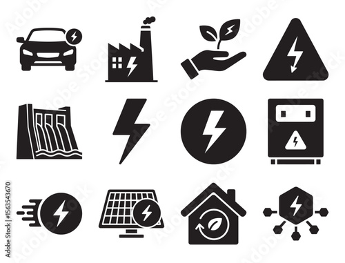 Energy and power generation solid glyph icon set for electricity and utilities showing factory dam and other symbols for industrial and renewable sources