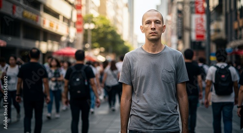 Thoughtful young man stands alone amidst a bustling city street, a portrait of quiet contemplation in urban anonymity.