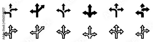 Choice between three roads icon set. Three-way directional arrow. Way, road, direction, branching, arrows , Icon for design. Easily editable, pathway, opportunity, logo, split, choose, three concept.