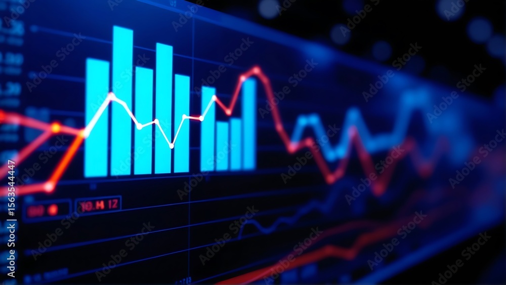 Fototapeta premium Digital financial chart with blue bars and red line graph on dark background