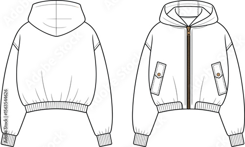 Hoodie, zip, up, front, back, view, pocket, flap, cuff, ribbed, cropped, fashion, flat, sketch, vector, technical, cad, garment, template, illustration