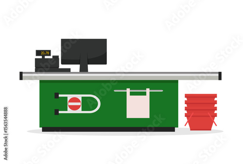 Counter with cash register isolated on white background. Checkout counter concept. Vector stock