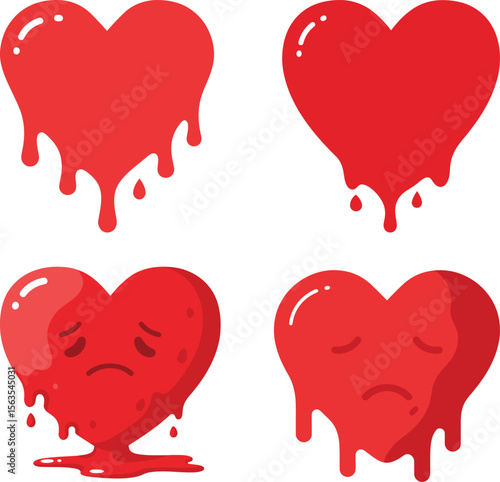 Four cartoon hearts, melting and expressing different emotions, isolated on a white background.