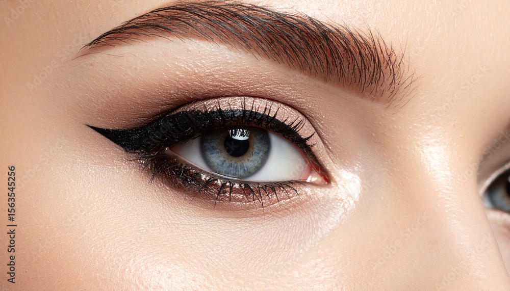 Obraz premium Models eye with shimmering metallic shadow and winged eyeliner. Beauty detail shot.