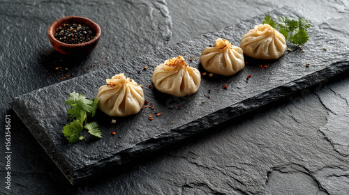 Wallpaper Mural Exquisite Dumplings Plated: A close-up shot showcasing four meticulously arranged dumplings on a sleek, textured slate, evoking culinary artistry. Torontodigital.ca