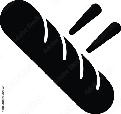 Stylized black icon of a hot dog with mustard and ketchup drizzles on a white background