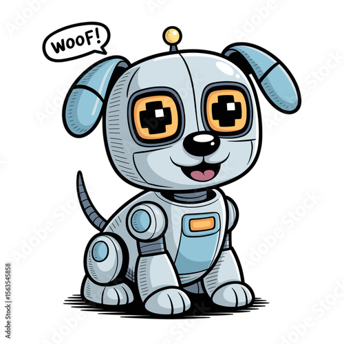 Smiling cartoon robot dog saying woof on white background