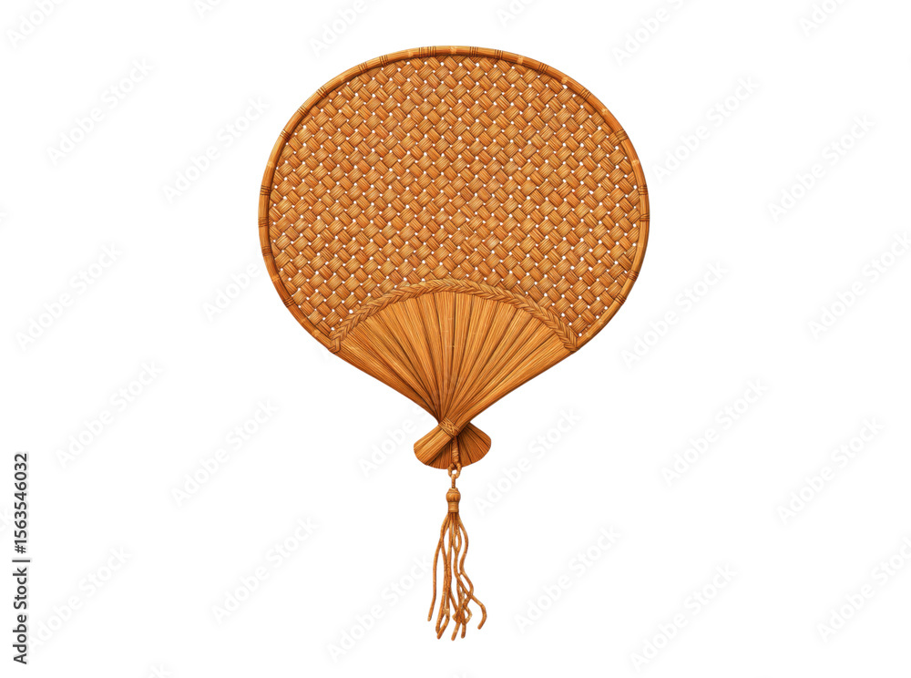 Obraz premium Elegant woven bamboo hand fan with tassel decorative wall hanging, Isolated On Transparent Background, Png Cut Out