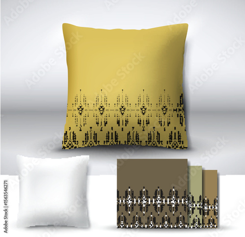 Set of realistic 3d throw pillows with seamless pattern samples. Apartment interior design element. Cushion isolated on a gray background.