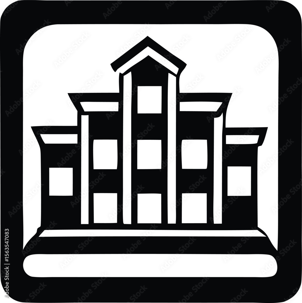 Stylized black and white icon depicting a multi story building with a pediment and multiple windows Stylized black and white icon depicting a multi story building with a pediment and multiple windows