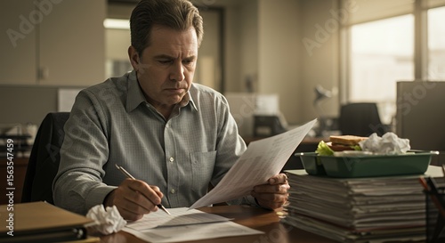 Overworked man meticulously reviews documents at his cluttered desk, lost in thought amidst a pile of paperwork and a half-eaten lunch.