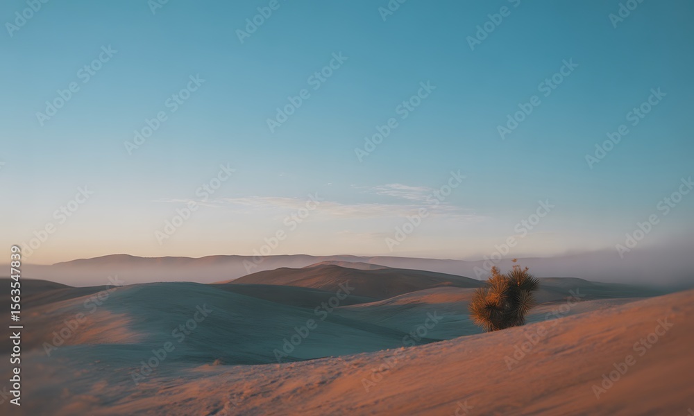 Fototapeta premium A solitary shrub sits atop a sand dune in a desert landscape under a clear blue sky, with distant hills.