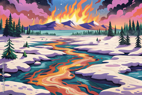 tundra fire scorches the Arctic wilderness cartoon, melting snow covered ground as smoke billows across frozen landscapes, revealing blackened earth beneath the blazing heat