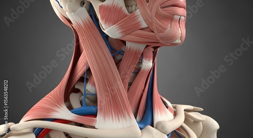 Detailed anatomical rendering of the human neck muscles and vasculature
