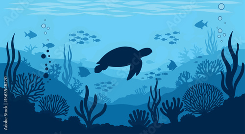 A serene underwater scene depicts the silhouette of a sea turtle gliding gracefully through the blue ocean amidst schools of fish and coral.