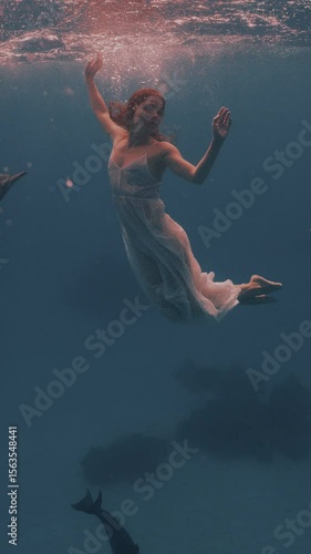 Wallpaper Mural Beautiful young woman swimming underwater with dolphins in pristine blue ocean water, amazing snorkeling adventure. Armature freediver girl diving in red sea with bottlenose dolphins. Travel concept Torontodigital.ca