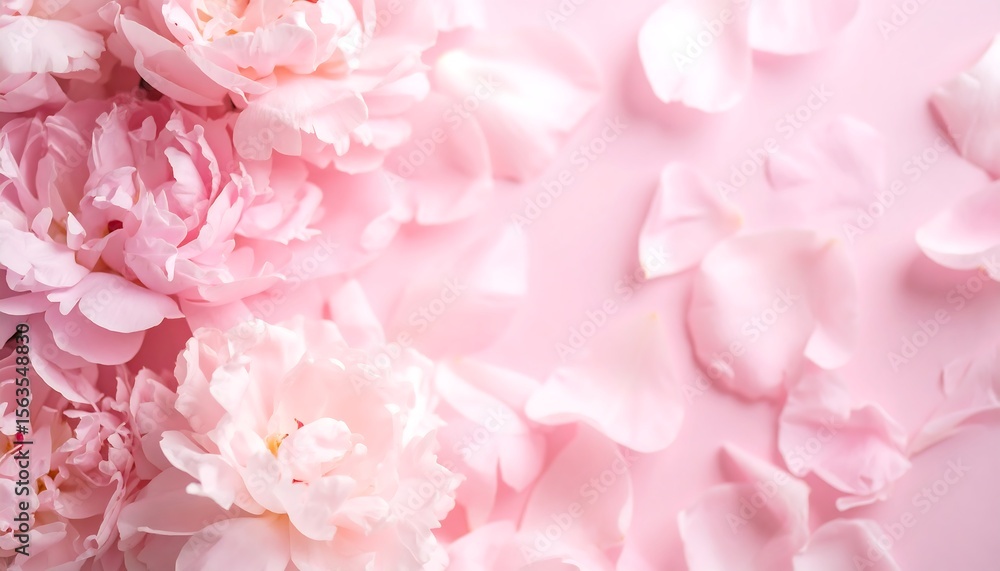 Obraz premium Close-up of soft pink peonies and scattered petals on a light pink background, creating a delicate floral arrangement.