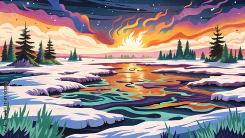 tundra fire scorches the Arctic wilderness cartoon, melting snow covered ground as smoke billows across frozen landscapes, revealing blackened earth beneath the blazing heat
