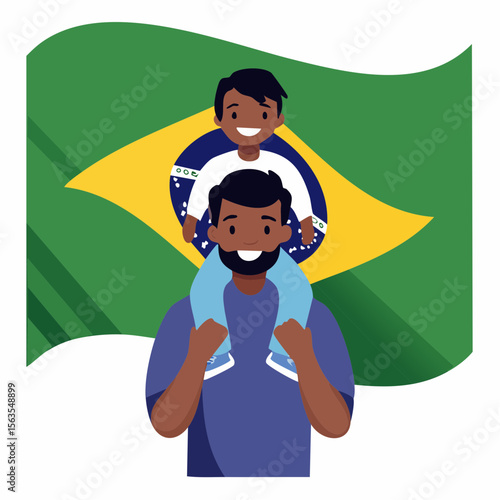 Brazilian Father and Son: A joyful illustration of a Brazilian father giving his son a piggyback ride against the backdrop of a waving Brazilian flag. 