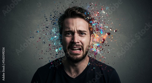 Man's face explodes with vibrant colors, symbolizing emotional turmoil and mental breakdown.