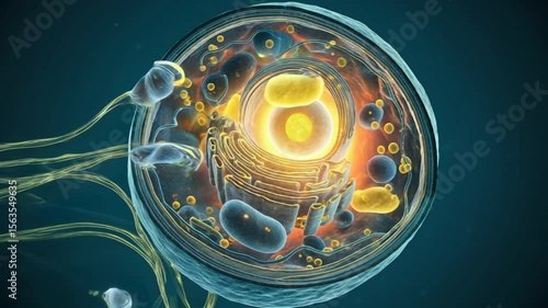 Animated Cell Illustration Showing Mitochondria and Organelles in a Dynamic Spiral Motion