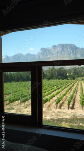 Smooth cinematic camera movement inside a luxury bedroom with bright natural light, revealing a breathtaking view of Stellenbosch vineyards and mountains through a large window