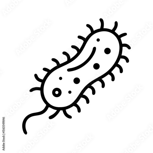 Microscopic bacteria illustration with flagellum and pili. Single bacteria cell detailed drawing. Scientific bacteria image for biology textbooks, microbiology presentations.